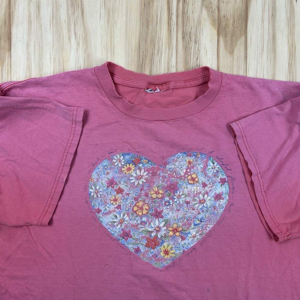 Vintage 90s Womens XL Pink Heart Floral T Shirt Sun Faded Thrashed Grandmacore
